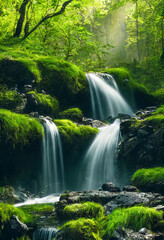 Waterfall cascades in a green forest - obrazy, fototapety, plakaty