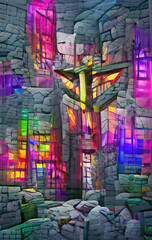 cavern chapel modern rustic cross wall digital art, AI generated artwork plus editing