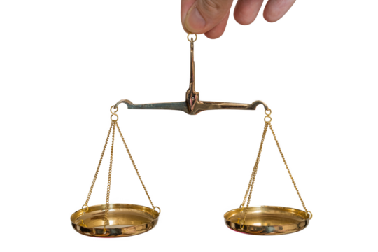 Hand is holding golden scale. Isolated on transparent background