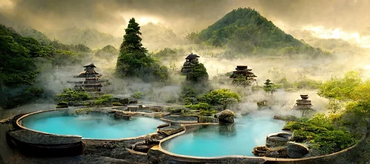 Fototapeten Spa in japanischer Landschaft. Japanische heiße Quellen, antike Architektur. 3D-Darstellung. 3D-Rendering. © DZMITRY