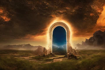 Fotobehang Fantasy night landscape with magical power, ancient stones with magical power and light, runes. Passage to another world, magic door, light, neon. 3D illustration © Terablete