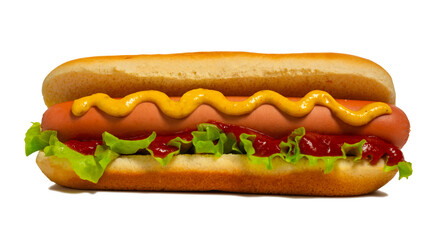 Hot dog with mustard ketchup and lettuce, isolated close-up