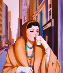 Woman drinking coffee on city street