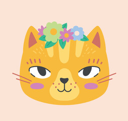 Yellow cat with wreath. Charming kitten with flowers on his head. Symbol of spring and summer seasons. Decoration and accessory. Graphic element for website. Cartoon flat vector illustration