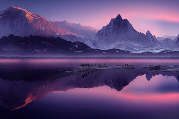 Fototapeta na wymiar Lake landscape at sunset with glaciers, mountains and reflection 