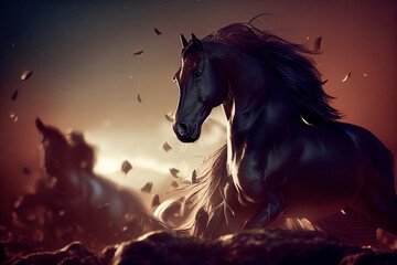 Obraz na płótnie Canvas A beautiful amazing black horse. Mystical portrait of an elegant stallion. 