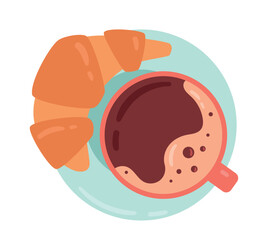 Coffee or tea in cup. Hot drink with croissant, dessert and delicacy, gourmet. Traditional morning, breakfast and lunch. Sticker for social networks and messengers. Cartoon flat vector illustration