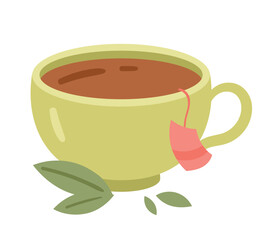 Coffee or tea in cup. Hot drink in green ceramic mug. Graphic element for website. Aroma and beverage. Comfort and coziness in house in autumn and winter seasons. Cartoon flat vector illustration