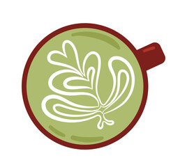 Coffee or tea in cup. Top view of mug with hot drink. Pattern of cream or milk on green background. Cafe or restaurant, unusual drawings on liquid. Beverage and aroma. Cartoon flat vector illustration