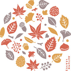 秋の紅葉と植物のはんこ風イラストセット