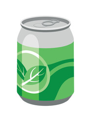 Cold drink icon. Aluminum can with green patterns and leaf logo. Natural and organic product. Refreshing cocktail or juice. Mojito and soda for summer season. Cartoon flat vector illustration