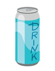 Cold drink icon. Aluminum can with blue patterns and inscription. Template, layout and mock up. Soda, tasty and sweet liquid, beverage. Poster or banner for website. Cartoon flat vector illustration