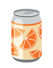 Fototapeta premium Orange drink icon. Aluminum can with soda or cocktail. Tropical and exotic countries, holidays and relaxing on beach in hot weather. Refreshing juice for summer. Cartoon flat vector illustration