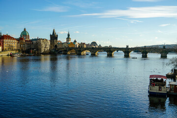 Scenic shot of the Charles Bridge in Prague with a skyscape in the background