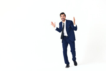 Man business smile with teeth in costume running and jumping flying up open mouth happiness and surprise full-length on white isolated background copy space 