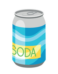 Cold drink icon. Aluminum or tin can with abstract blue patterns and lettering. Sticker for social networks and messengers. Hot weather and summer season sign. Cartoon flat vector illustration