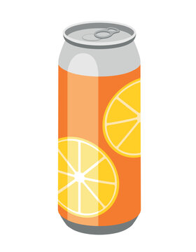 Orange soda icon. Orange aluminum can with two pieces of citrus painted on. Graphic element for website, poster or banner. Symbol of summer season and hot weather. Cartoon flat vector illustration