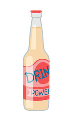 Cold drink icon. Glass bottle with fresh cocktail or soda, alcohol. Sticker for social networks and messengers. Tasty liquid and beverage. Summer time and hot weather. Cartoon flat vector illustration