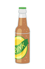 Cold drink icon. Glass bottle with yellow and green label and inscription. Brown liquid with bubbles, soda or cocktail. Refreshing sweet and tasty juice, beverage. Cartoon flat vector illustration