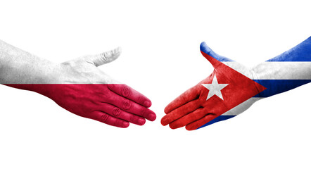 Handshake between Cuba and Poland flags painted on hands, isolated transparent image.