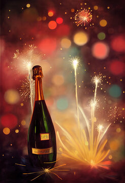 New Year celebrations, champagne bottle and fireworks
