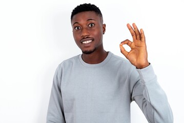 young handsome man wearing grey sweater over white background hold hand arm okey symbol toothy approve advising novelty news