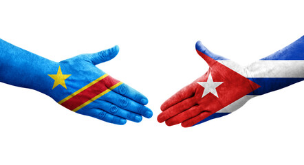 Handshake between Cuba and Dr Congo flags painted on hands, isolated transparent image.