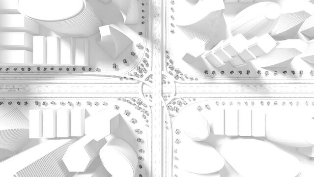 Highway intersection/ road interchange middle in the city with heavy traffic - view from the above - black and white 3D 4k animation (3840x2160 px).