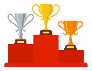 Goblets flat set. Gold silver bronze trophy cup goblet on podium. 1st 2nd 3rd place different shape winner award. Champions prize trophies ranking places. Victory leaderships cups. Best choice symbol