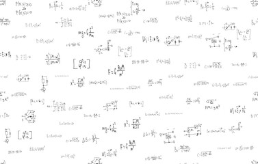 Formulas of astrophysics, quantum mechanics, radio circuits. Scientific, educational background on white. Hand drawn.