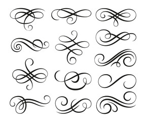 Calligraphic swirl separator ornament linear flourish set. Filigree vignette ornamental curls. Decorative design elements for menu, certificate diploma, wedding card invatation, outline text divider
