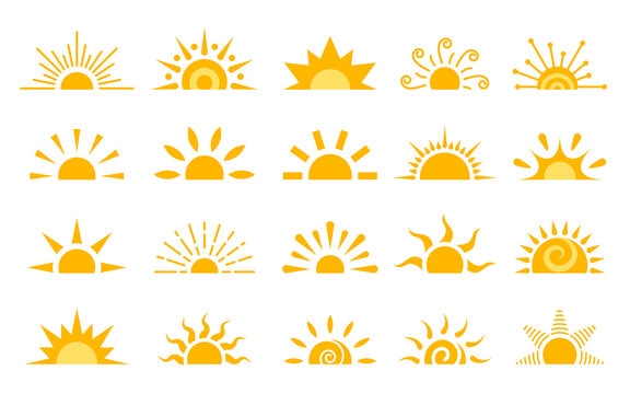 Half sun flat icon set. Logo sunrise sunset isolated on white. Various yellow sunshine star. Cartoon summer sunlight nature sky. Simple graphic solar circle sign. Sunny heat rays weather app symbol