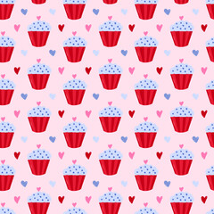 Cute and colorful vector seamless hand drawn pattern with sweet cupcake and hearts. Valentine's day illustrations. For wrapping paper, bedclothes, notebook, packages, gift paper