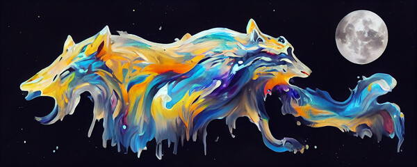 Abstract Colorful Wolf Painting, Abstract Colorful Two Wolf Paint vibes in Liquid Artistic Movement and Full Moon Background