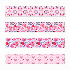 Set of cute washi tape strips with Valentine's day pattern about love, romance. Decorative scotch tape with shadow and ragged edges. Isolated editable vector. For scrapbook, planner, notebook, craft.