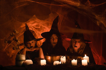 Three young witches near the ritual cauldron.Without taking her eyes off the camera, one looks at the cat, the second interferes with the magic potion, and the third pins the pins into the voodoo doll
