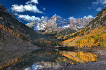 Fall colors have arrived at Maroon Bells at White River National Forest, Colorado