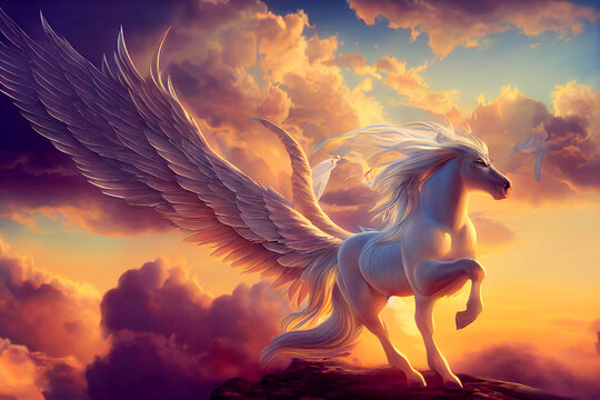 Majestic Pegasus horse flying high above the clouds. Flight of the Pegasus. 