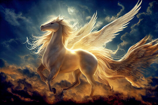 Majestic Pegasus horse flying high above the clouds. Flight of the Pegasus. 