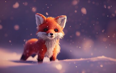 Fototapeta na wymiar Fox 3D rendered Computer generated image with a snowy winter scene new for Winter 2023. Windy snowstorm and frosty blizzard keeps this cute animal chilly
