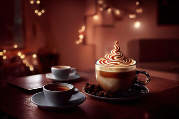 Christmas styled spiced latte coffee. Beautiful studio shot. Light Bokeh.