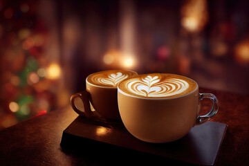 Christmas styled spiced latte coffee. Beautiful studio shot. Light Bokeh.