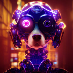 Retro Futurism Style Woman Cyborg Head Mechanism 3D Conceptual Art Illustration. Vertical Portrait of Dog Robot Dark Fantasy Science Fiction Movie Character AI Digital Neural Network Art Work