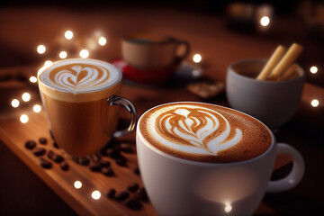 Christmas styled spiced latte coffee. Beautiful studio shot. Light Bokeh.
