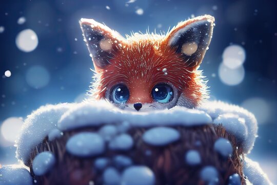 Fox 3D rendered Computer generated image with a snowy winter scene new for Winter 2023. Windy snowstorm and frosty blizzard keeps this cute animal chilly