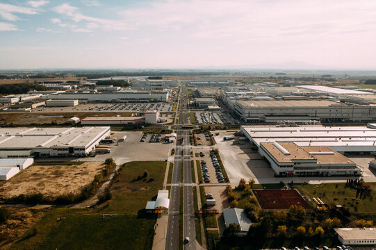 Aerial view of the distribution center, drone photography of the industrial logistic zone.