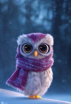 Snow Owl in a scarf and hat 3D rendered Computer generated image with a snowy winter scene new for Winter 2023. Windy snowstorm and frosty blizzard keeps this cute animal chilly