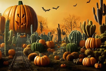 Artistic painting of Halloween on the mexican or nevada desert, mexiccan style - a carved group of pumpkins jack-o'-lantern lying on the ground with cacti and sunset in the background. 3D illustration