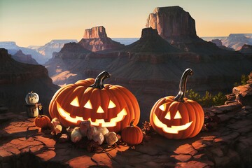 Artistic painting of haloween in the grand canyon, cinematic desert style - a carved group of pumpkins jack-o'-lantern lying on the ground with grand canyon and sunset in the background.  illustration