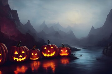 Artistic painting of halloween in the dark mountains in the style of lord of the rings, a group of pumpkins sits at night on the river shore with a full moon in the background. 3D illustration